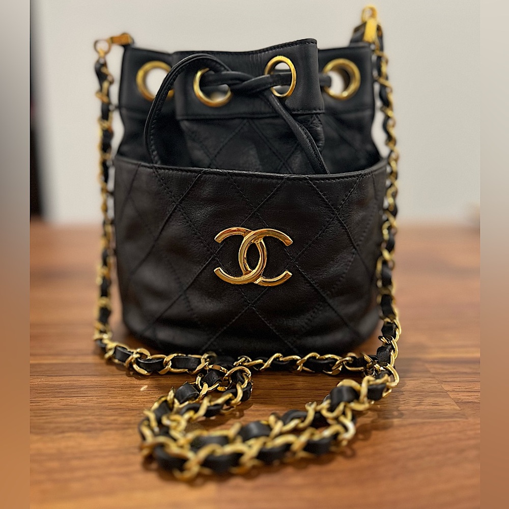 CHANEL Black Quilted Leather Drawstring Bucket Bag with Gold Hardware